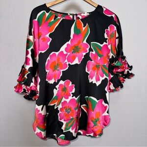 JODIFL Black and Pink Floral‎ Blouse Size M. Boutique shirt. Ruffles. Oversized.